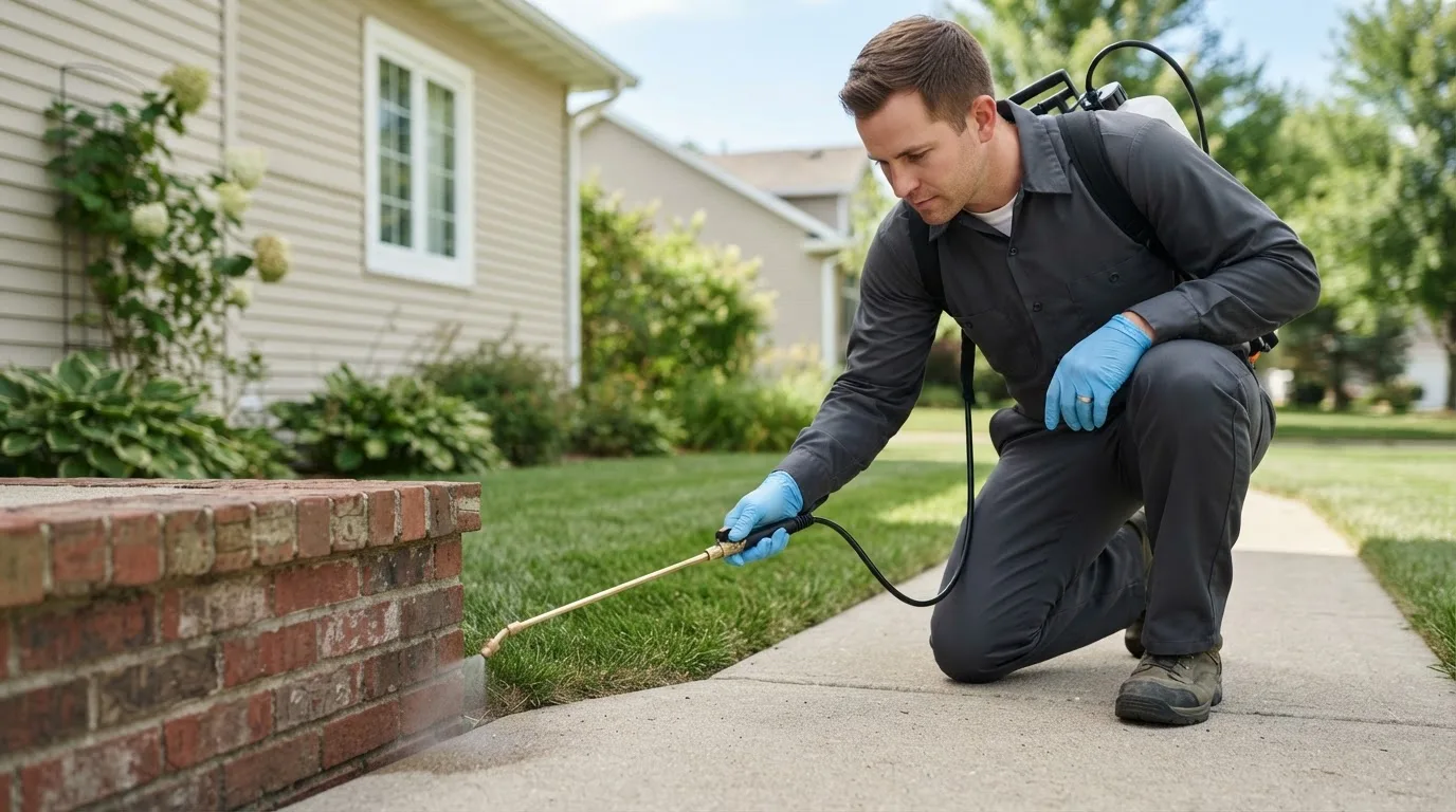 Pest control technician treating a home near Surgoinsville, TN